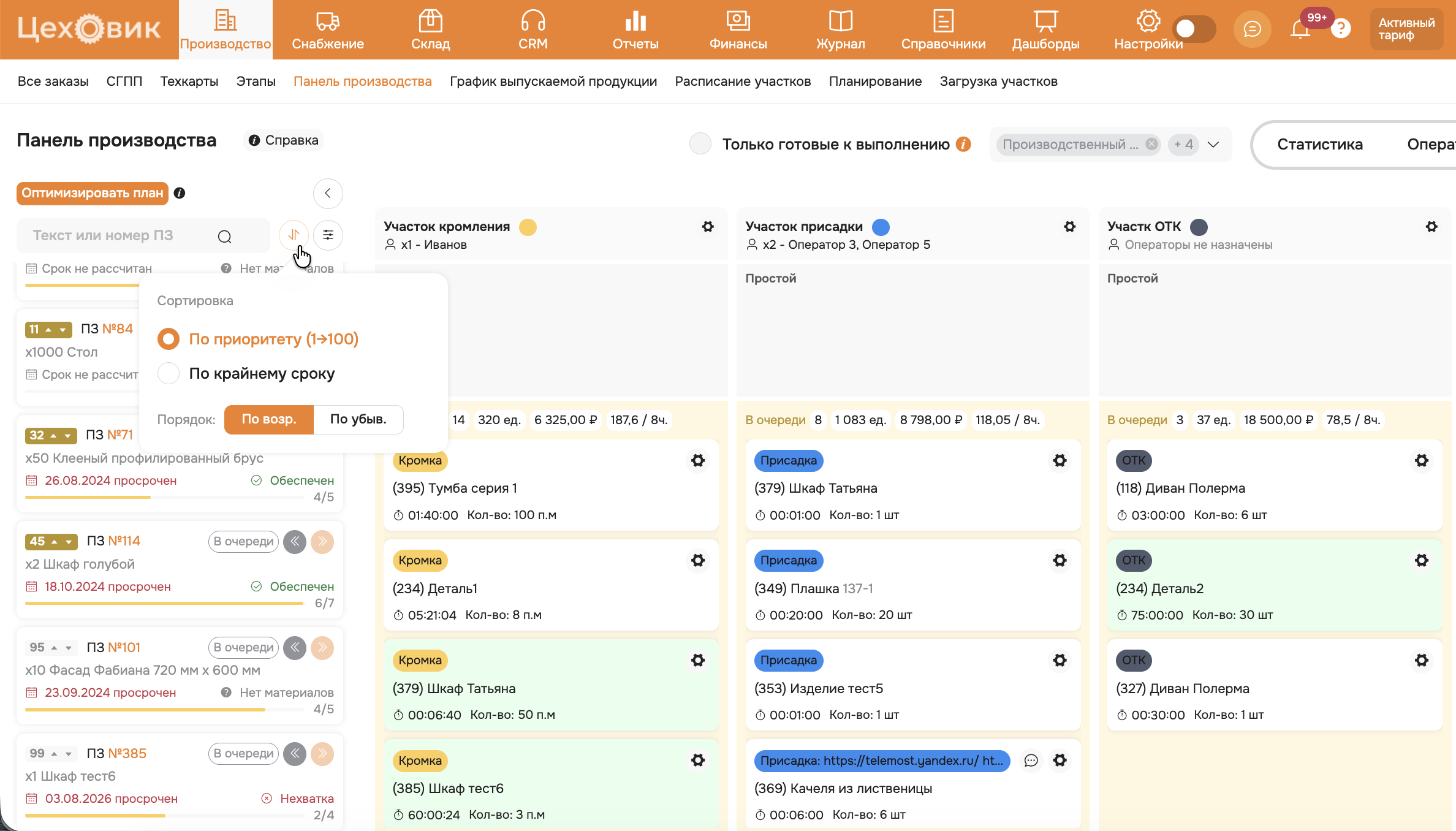 Панель производства ERP Цеховик обновленная