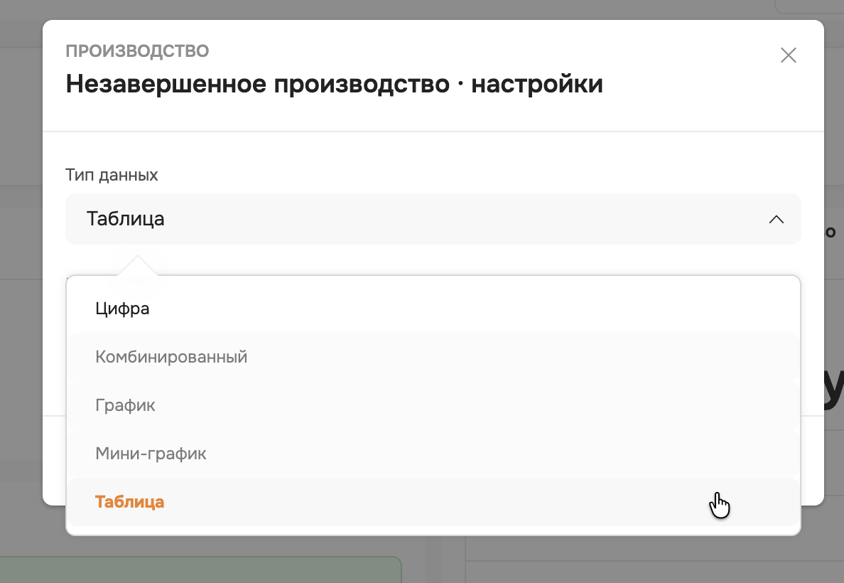 настройка виджета незавершенное производство